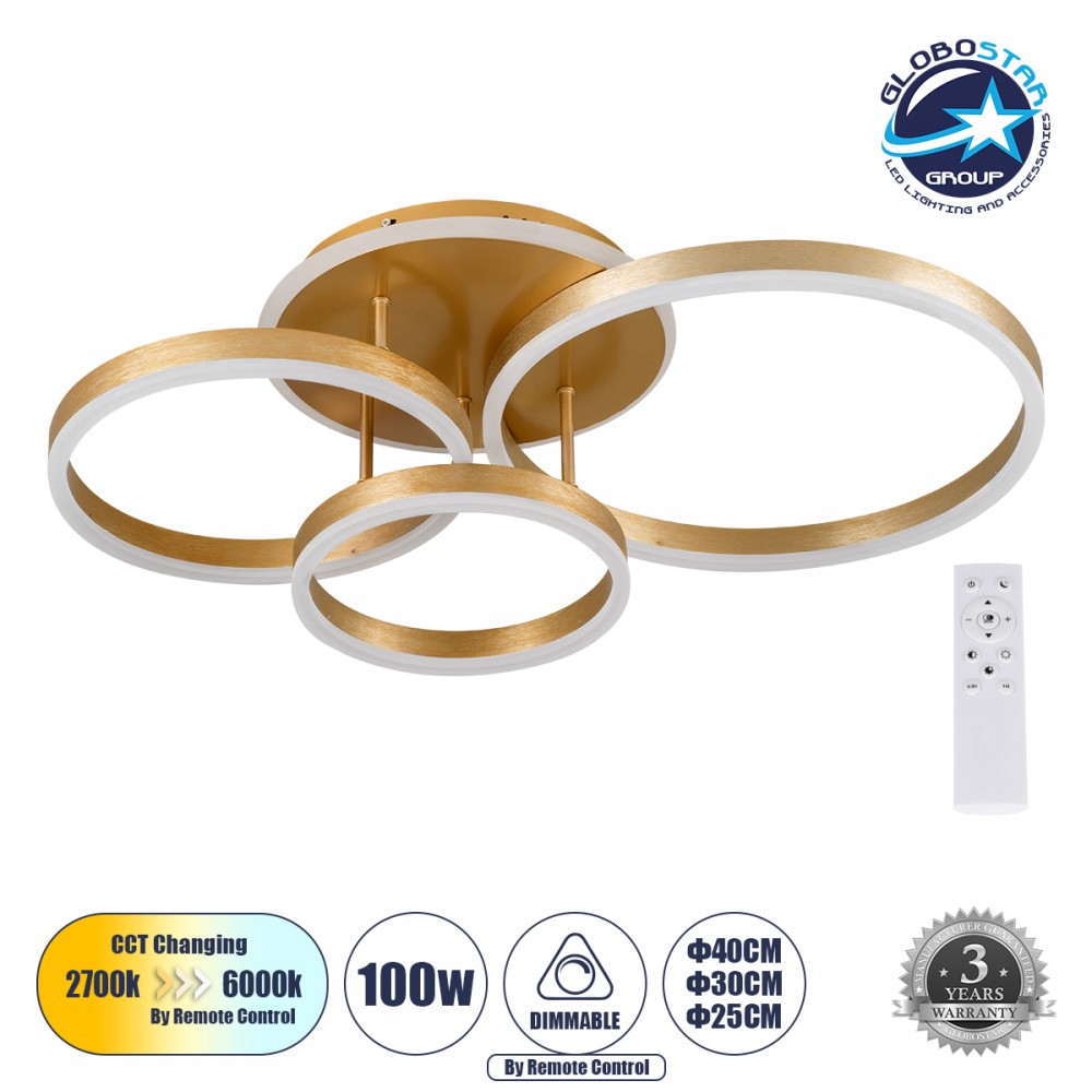 GLOBOSTAR® VENOM 61125 Μοντέρνο Φωτιστικό Οροφής LED 100W 12100lm 360° AC 220-240V IP20 Ρυθμιζόμενο Λευκό CCT με Χειριστήριο από 2700K έως 6000K Dimmable - Lumileds SMD Chip - Χρυσό Βούρτσας - Μ70 x Π40 x Υ16cm - 3 Χρόνια Εγγύηση
