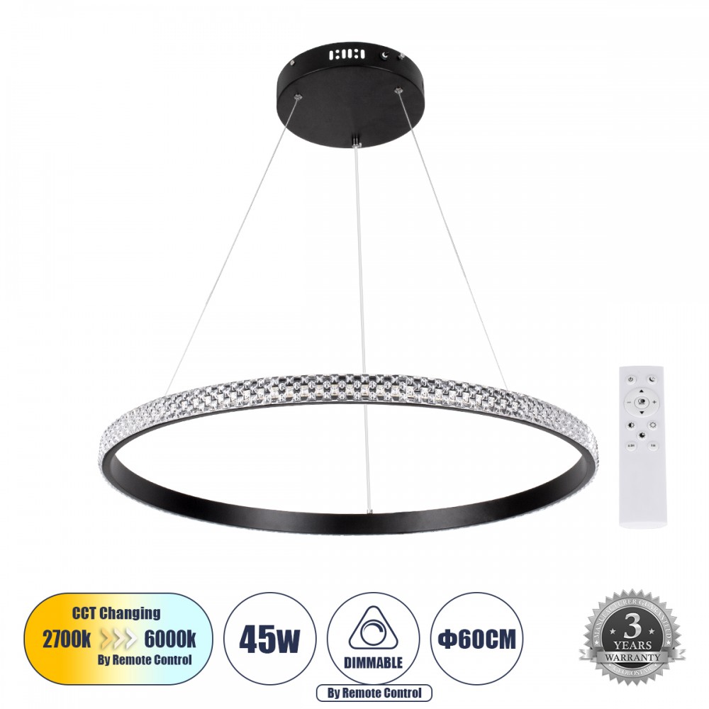GLOBOSTAR® DIAMOND 61130 Μοντέρνο Κρεμαστό Φωτιστικό Οροφής LED 45W 5230lm 360° AC 220-240V IP20 Ρυθμιζόμενο Λευκό CCT με Χειριστήριο από 2700K έως 6000K Dimmable - Lumileds SMD Chip - Μαυρό Ματ - Μ60 x Π60 x Υ3cm - 3 Χρόνια Εγγύηση