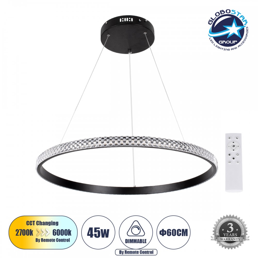 GLOBOSTAR® DIAMOND 61130 Μοντέρνο Κρεμαστό Φωτιστικό Οροφής LED 45W 5230lm 360° AC 220-240V IP20 Ρυθμιζόμενο Λευκό CCT με Χειριστήριο από 2700K έως 6000K Dimmable - Lumileds SMD Chip - Μαυρό Ματ - Μ60 x Π60 x Υ3cm - 3 Χρόνια Εγγύηση