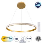 GloboStar® DIAMOND 61131 Κρεμαστό Φωτιστικό Δαχτυλίδι-Κύκλος LED CCT 45W 5230lm 360° AC 220-240V - Εναλλαγή Φωτισμού μέσω Τηλεχειριστηρίου All In One Ψυχρό 6000k+Φυσικό 4500k+Θερμό 2700k Dimmable Φ60cm - Χρυσό Βούρτσας - 3 Years Warranty