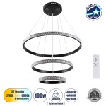 GloboStar® DIAMOND TRIO 61136 Κρεμαστό Φωτιστικό Δαχτυλίδι-Κύκλος LED CCT 100W 12123lm 360° AC 220-240V - Εναλλαγή Φωτισμού μέσω Τηλεχειριστηρίου All In One Ψυχρό 6000k+Φυσικό 4500k+Θερμό 2700k Dimmable Φ25+40+60cm - Μαύρο - 3 Years Warranty