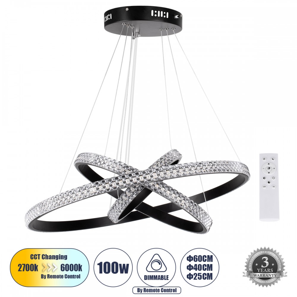 GloboStar® DIAMOND TRIO 61136-DECO Κρεμαστό Φωτιστικό Δαχτυλίδι-Κύκλος LED CCT 100W 12123lm 360° AC 220-240V - Εναλλαγή Φωτισμού μέσω Τηλεχειριστηρίου All In One Ψυχρό 6000k+Φυσικό 4500k+Θερμό 2700k Dimmable Φ25+40+60cm - Μαύρο - 3 Years Warranty