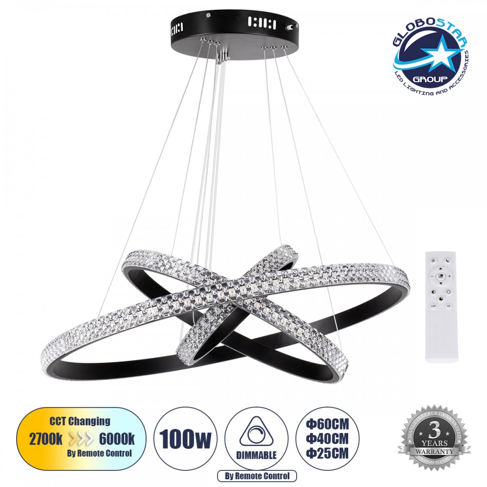 GloboStar® DIAMOND TRIO 61136-DECO Κρεμαστό Φωτιστικό Δαχτυλίδι-Κύκλος LED CCT 100W 12123lm 360° AC 220-240V - Εναλλαγή Φωτισμού μέσω Τηλεχειριστηρίου All In One Ψυχρό 6000k+Φυσικό 4500k+Θερμό 2700k Dimmable Φ25+40+60cm - Μαύρο - 3 Years Warranty