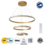 GloboStar® DIAMOND TRIO 61137 Κρεμαστό Φωτιστικό Δαχτυλίδι-Κύκλος LED CCT 100W 12123lm 360° AC 220-240V - Εναλλαγή Φωτισμού μέσω Τηλεχειριστηρίου All In One Ψυχρό 6000k+Φυσικό 4500k+Θερμό 2700k Dimmable Φ25+40+60cm - Χρυσό Βούρτσας - 3 Years Warranty