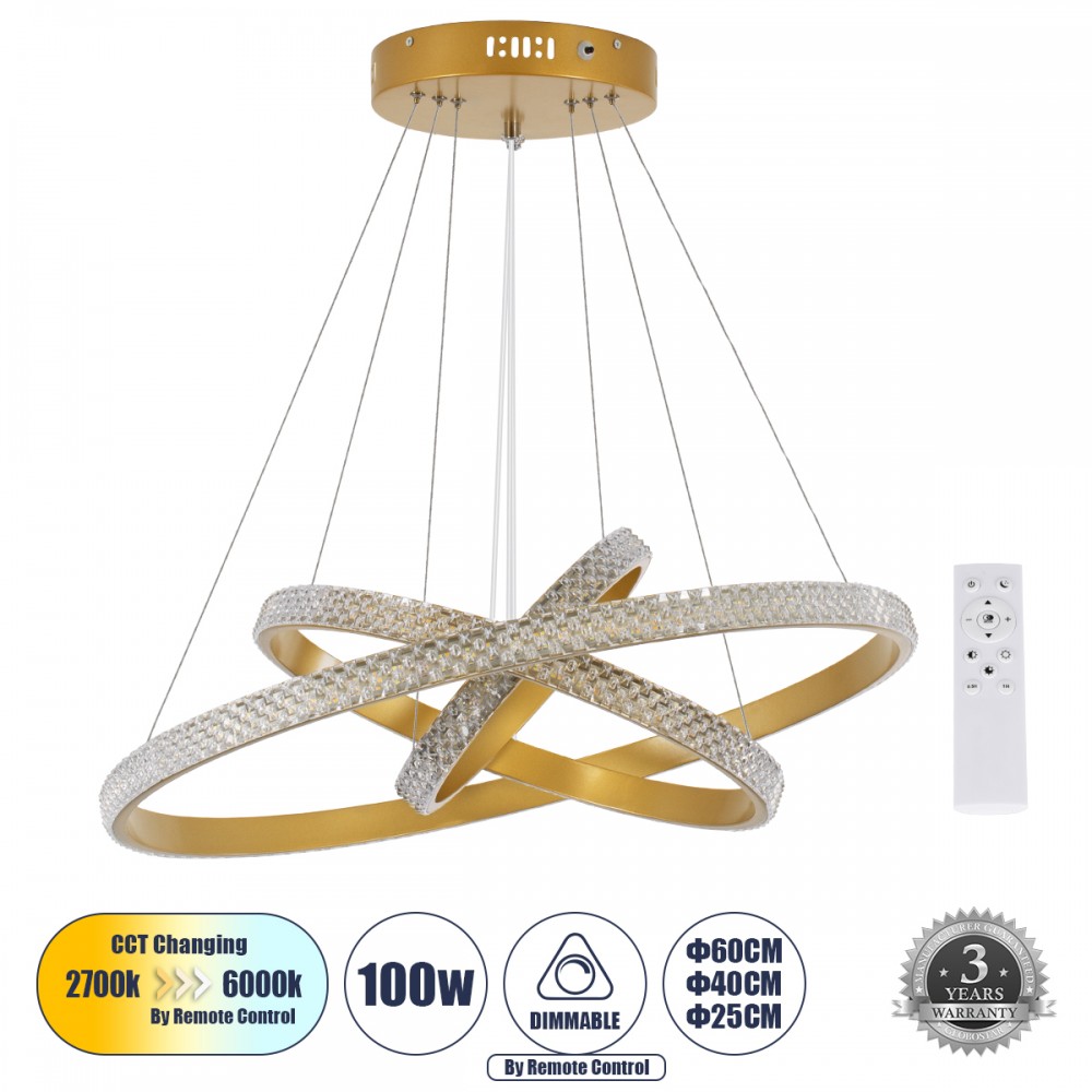 GloboStar® DIAMOND TRIO 61137-DECO Κρεμαστό Φωτιστικό Δαχτυλίδι-Κύκλος LED CCT 100W 12123lm 360° AC 220-240V - Εναλλαγή Φωτισμού μέσω Τηλεχειριστηρίου All In One Ψυχρό 6000k+Φυσικό 4500k+Θερμό 2700k Dimmable Φ25+40+60cm - Χρυσό Βούρτσας - 3 Years Warranty