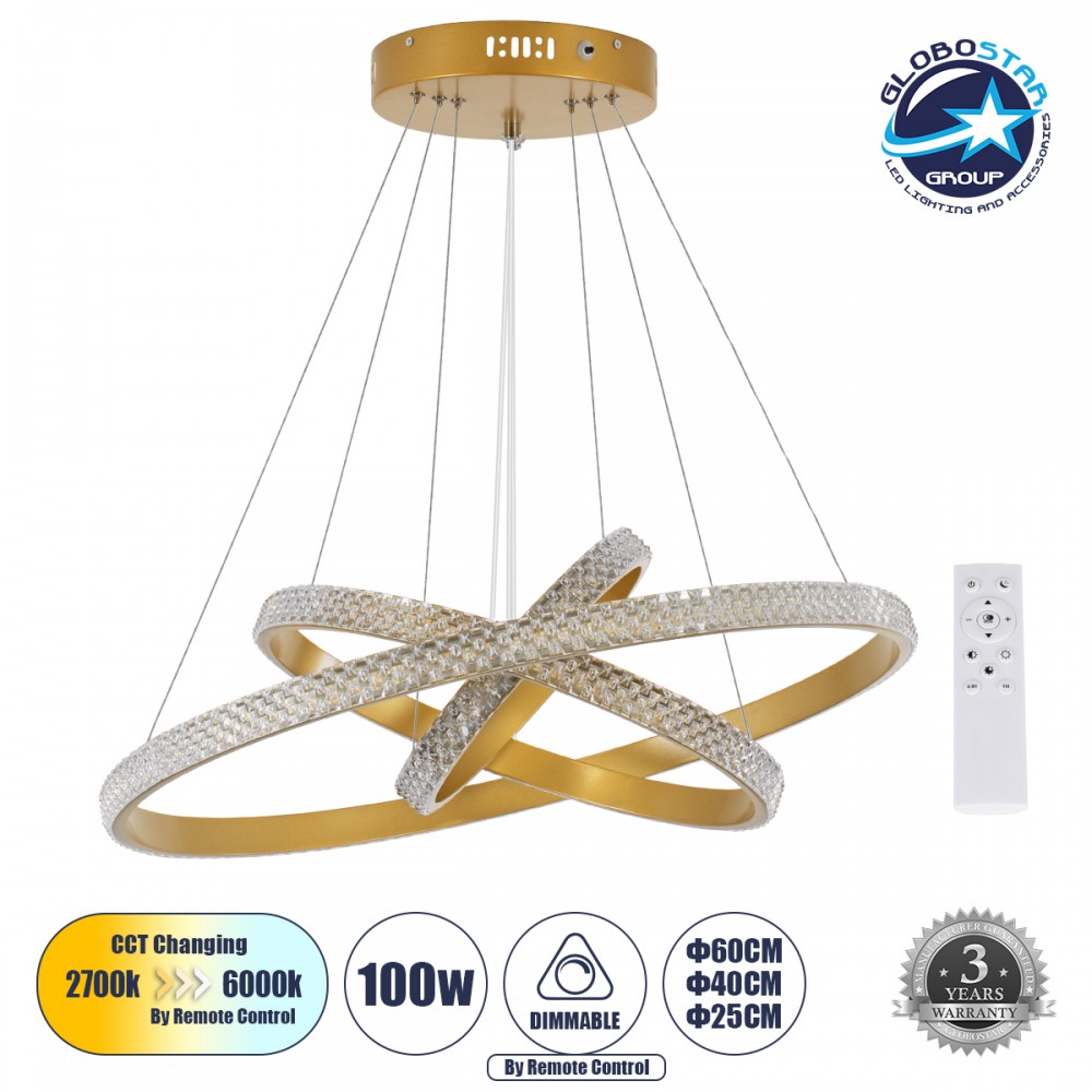 GloboStar® DIAMOND TRIO 61137-DECO Κρεμαστό Φωτιστικό Δαχτυλίδι-Κύκλος LED CCT 100W 12123lm 360° AC 220-240V - Εναλλαγή Φωτισμού μέσω Τηλεχειριστηρίου All In One Ψυχρό 6000k+Φυσικό 4500k+Θερμό 2700k Dimmable Φ25+40+60cm - Χρυσό Βούρτσας - 3 Years Warranty
