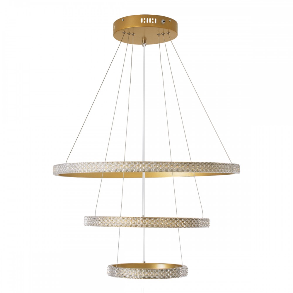 GloboStar® DIAMOND TRIO 61137-DECO Κρεμαστό Φωτιστικό Δαχτυλίδι-Κύκλος LED CCT 100W 12123lm 360° AC 220-240V - Εναλλαγή Φωτισμού μέσω Τηλεχειριστηρίου All In One Ψυχρό 6000k+Φυσικό 4500k+Θερμό 2700k Dimmable Φ25+40+60cm - Χρυσό Βούρτσας - 3 Years Warranty