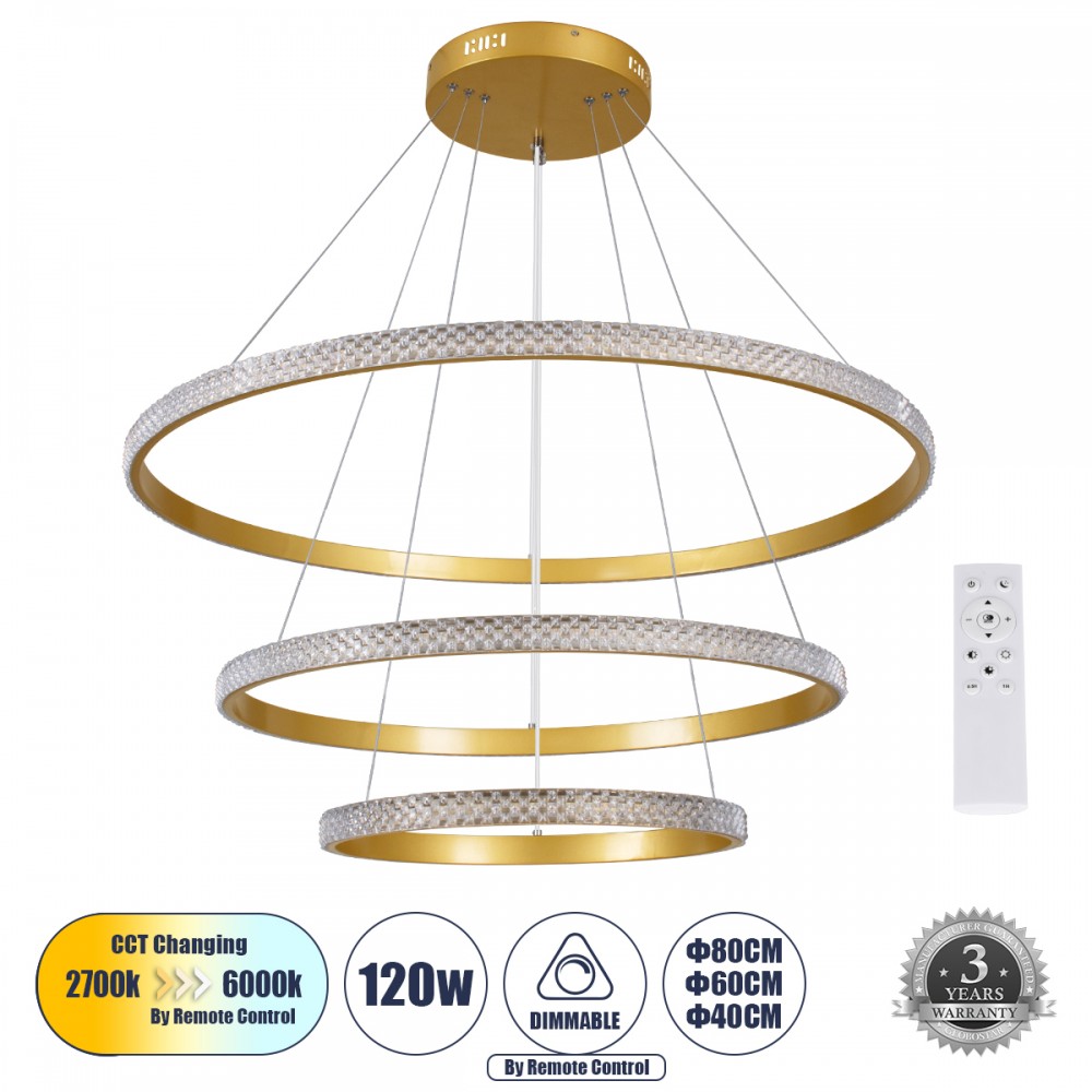 GLOBOSTAR® DIAMOND TRIO 61139 Μοντέρνο Κρεμαστό Φωτιστικό Οροφής LED 120W 14723lm 360° AC 220-240V IP20 Ρυθμιζόμενο Λευκό CCT με Χειριστήριο από 2700K έως 6000K Dimmable - Lumileds SMD Chip - Χρυσό Βούρτσας - Μ80 x Π80 x Υ60cm - 3 Χρόνια Εγγύηση