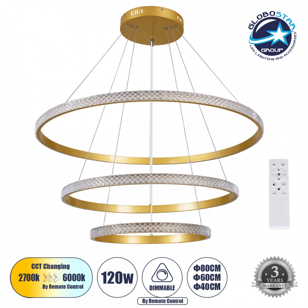 GLOBOSTAR® DIAMOND TRIO 61139 Μοντέρνο Κρεμαστό Φωτιστικό Οροφής LED 120W 14723lm 360° AC 220-240V IP20 Ρυθμιζόμενο Λευκό CCT με Χειριστήριο από 2700K έως 6000K Dimmable - Lumileds SMD Chip - Χρυσό Βούρτσας - Μ80 x Π80 x Υ60cm - 3 Χρόνια Εγγύηση