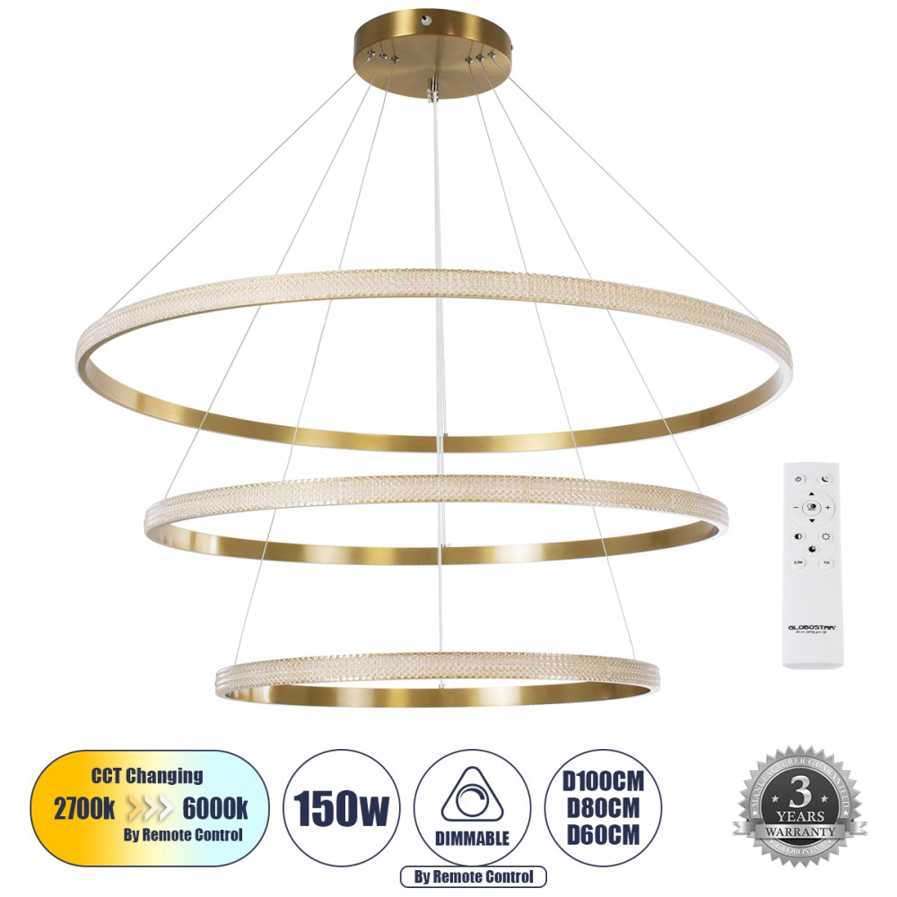 GLOBOSTAR® DIAMOND TRIO 61141 Μοντέρνο Κρεμαστό Φωτιστικό Οροφής LED 150W 18379lm 360° AC 220-240V IP20 Ρυθμιζόμενο Λευκό CCT με Χειριστήριο από 2700K έως 6000K Dimmable - Lumileds SMD Chip - Χρυσό Βούρτσας - Μ100 x Π100 x Υ60cm - 3 Χρόνια Εγγύηση
