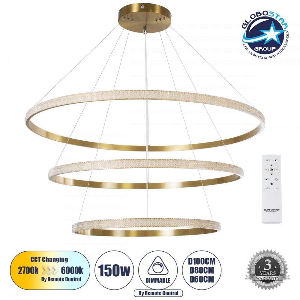 GLOBOSTAR® DIAMOND TRIO 61141 Μοντέρνο Κρεμαστό Φωτιστικό Οροφής LED 150W 18379lm 360° AC 220-240V IP20 Ρυθμιζόμενο Λευκό CCT με Χειριστήριο από 2700K έως 6000K Dimmable - Lumileds SMD Chip - Χρυσό Βούρτσας - Μ100 x Π100 x Υ60cm - 3 Χρόνια Εγγύηση