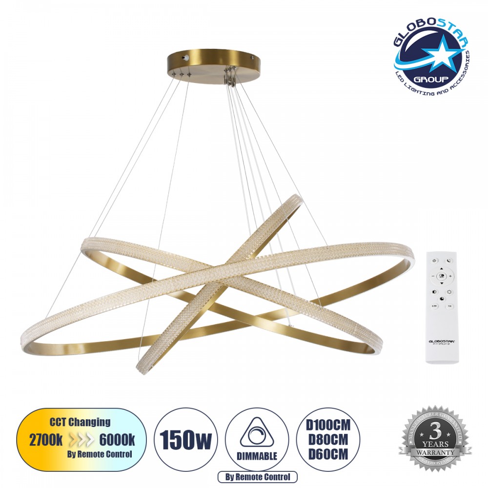 GLOBOSTAR® DIAMOND TRIO 61141-DECO Μοντέρνο Κρεμαστό Φωτιστικό Οροφής LED 150W 18379lm 360° AC 220-240V IP20 Ρυθμιζόμενο Λευκό CCT με Χειριστήριο από 2700K έως 6000K Dimmable - Lumileds SMD Chip - Χρυσό Βούρτσας - Μ60 x Π80 x Υ100cm - 3 Χρόνια Εγγύηση