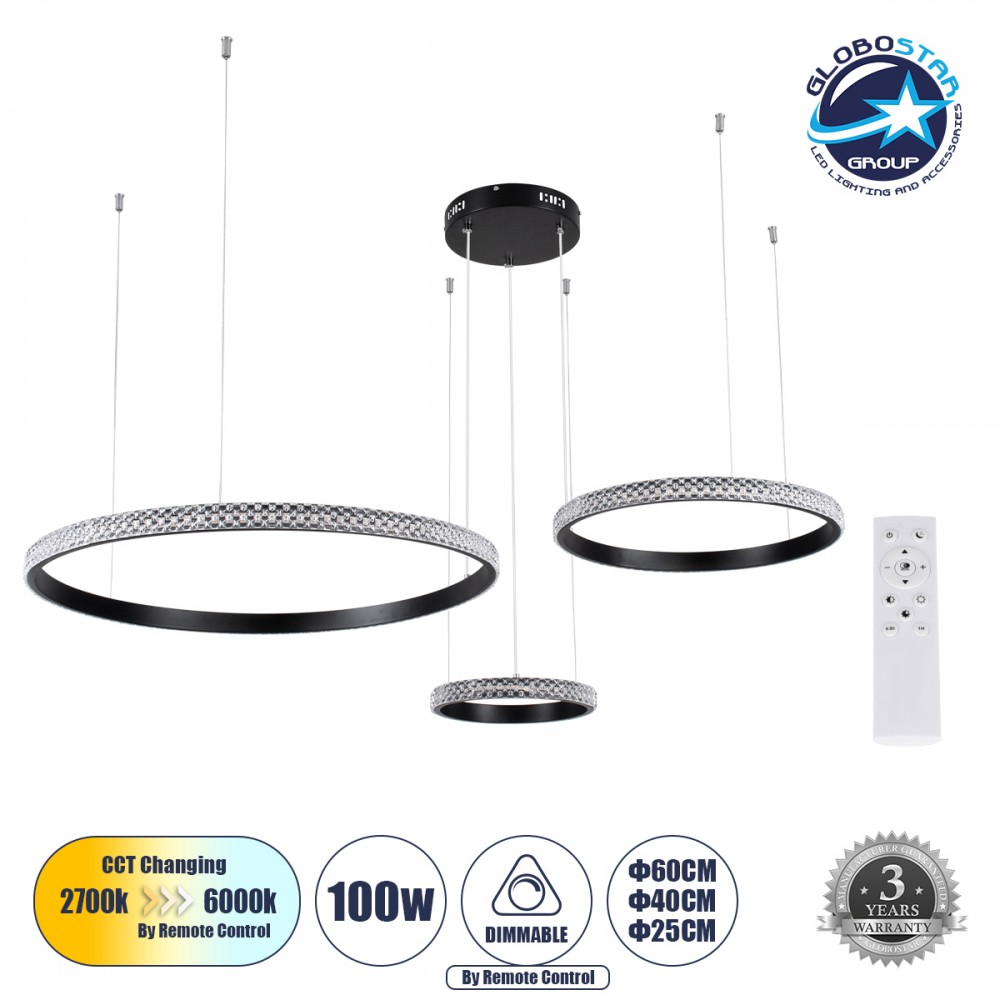 GLOBOSTAR® DIAMOND TRIO 61142 Μοντέρνο Κρεμαστό Φωτιστικό Οροφής LED 100W 12123lm 360° AC 220-240V IP20 Ρυθμιζόμενο Λευκό CCT με Χειριστήριο από 2700K έως 6000K Dimmable - Lumileds SMD Chip - Μαυρό Ματ - Μ110 x Π110 x Υ60cm - 3 Χρόνια Εγγύηση