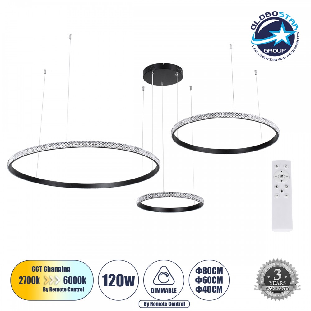 GLOBOSTAR® DIAMOND TRIO 61144 Μοντέρνο Κρεμαστό Φωτιστικό Οροφής LED 120W 14723lm 360° AC 220-240V IP20 Ρυθμιζόμενο Λευκό CCT με Χειριστήριο από 2700K έως 6000K Dimmable - Lumileds SMD Chip - Μαυρό Ματ - Μ150 x Π150 x Υ60cm - 3 Χρόνια Εγγύηση