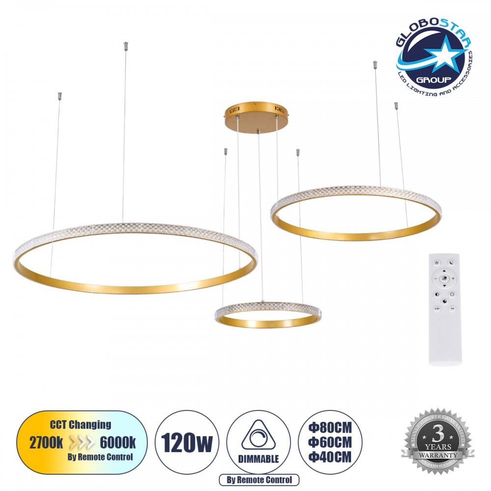 GLOBOSTAR® DIAMOND TRIO 61145 Μοντέρνο Κρεμαστό Φωτιστικό Οροφής LED 120W 14723lm 360° AC 220-240V IP20 Ρυθμιζόμενο Λευκό CCT με Χειριστήριο από 2700K έως 6000K Dimmable - Lumileds SMD Chip - Χρυσό Βούρτσας - Μ150 x Π150 x Υ60cm - 3 Χρόνια Εγγύηση