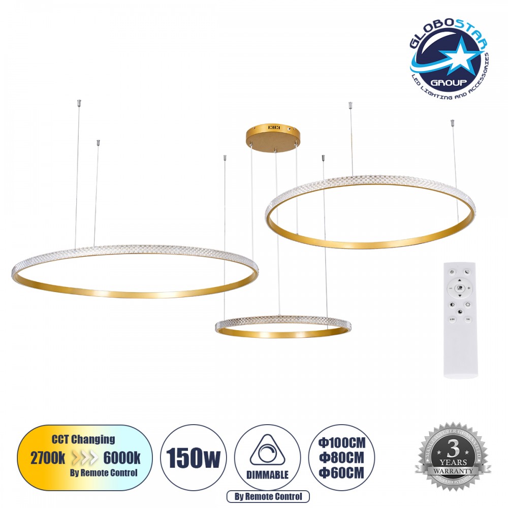 GLOBOSTAR® DIAMOND TRIO 61147 Μοντέρνο Κρεμαστό Φωτιστικό Οροφής LED 150W 18379lm 360° AC 220-240V IP20 Ρυθμιζόμενο Λευκό CCT με Χειριστήριο από 2700K έως 6000K Dimmable - Lumileds SMD Chip - Χρυσό Βούρτσας - Μ170 x Π170 x Υ60cm - 3 Χρόνια Εγγύηση