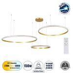 GloboStar® DIAMOND TRIO 61147 Κρεμαστό Φωτιστικό Δαχτυλίδι-Κύκλος LED CCT 150W 18379lm 360° AC 220-240V - Εναλλαγή Φωτισμού μέσω Τηλεχειριστηρίου All In One Ψυχρό 6000k+Φυσικό 4500k+Θερμό 2700k Dimmable Φ60+80+100cm - Χρυσό Βούρτσας - 3 Years Warranty