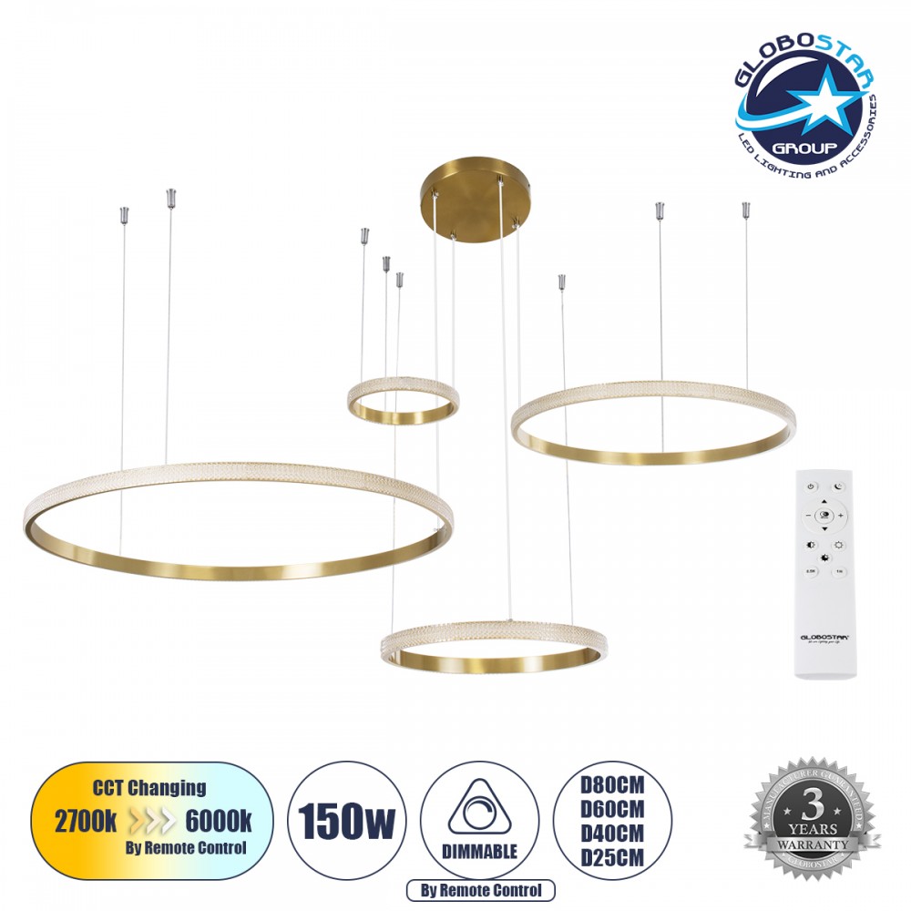 GLOBOSTAR® DIAMOND TETRA 61149 Μοντέρνο Κρεμαστό Φωτιστικό Οροφής LED 150W 18379lm 360° AC 220-240V IP20 Ρυθμιζόμενο Λευκό CCT με Χειριστήριο από 2700K έως 6000K Dimmable - Lumileds SMD Chip - Χρυσό Βούρτσας - Μ150 x Π150 x Υ60cm - 3 Χρόνια Εγγύηση