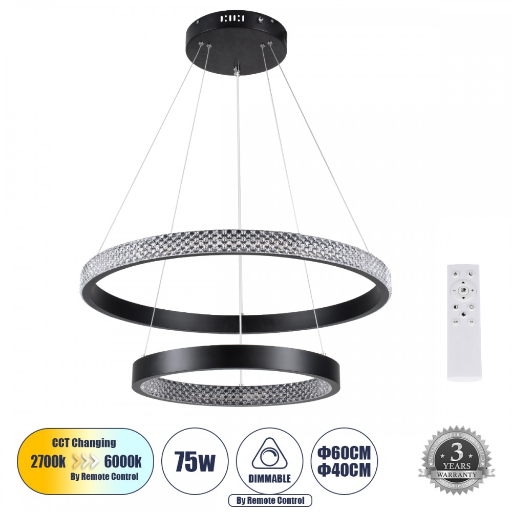 GLOBOSTAR® DIAMOND DUO 61150 Μοντέρνο Κρεμαστό Φωτιστικό Οροφής LED 75W 8743lm 360° AC 220-240V IP20 Ρυθμιζόμενο Λευκό CCT με Χειριστήριο από 2700K έως 6000K Dimmable - Lumileds SMD Chip - Μαυρό Ματ - Μ60 x Π60 x Υ40cm - 3 Χρόνια Εγγύηση