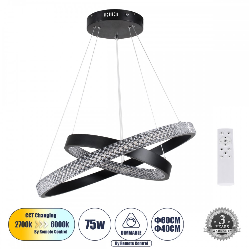 GLOBOSTAR® DIAMOND DUO 61150-DECO Μοντέρνο Κρεμαστό Φωτιστικό Οροφής LED 75W 8743lm 360° AC 220-240V IP20 Ρυθμιζόμενο Λευκό CCT με Χειριστήριο από 2700K έως 6000K Dimmable - Lumileds SMD Chip - Μαύρο Ματ - Μ60 x Π60 x Υ40cm - 3 Χρόνια Εγγύηση