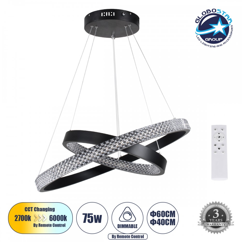 GLOBOSTAR® DIAMOND DUO 61150-DECO Μοντέρνο Κρεμαστό Φωτιστικό Οροφής LED 75W 8743lm 360° AC 220-240V IP20 Ρυθμιζόμενο Λευκό CCT με Χειριστήριο από 2700K έως 6000K Dimmable - Lumileds SMD Chip - Μαύρο Ματ - Μ60 x Π60 x Υ40cm - 3 Χρόνια Εγγύηση