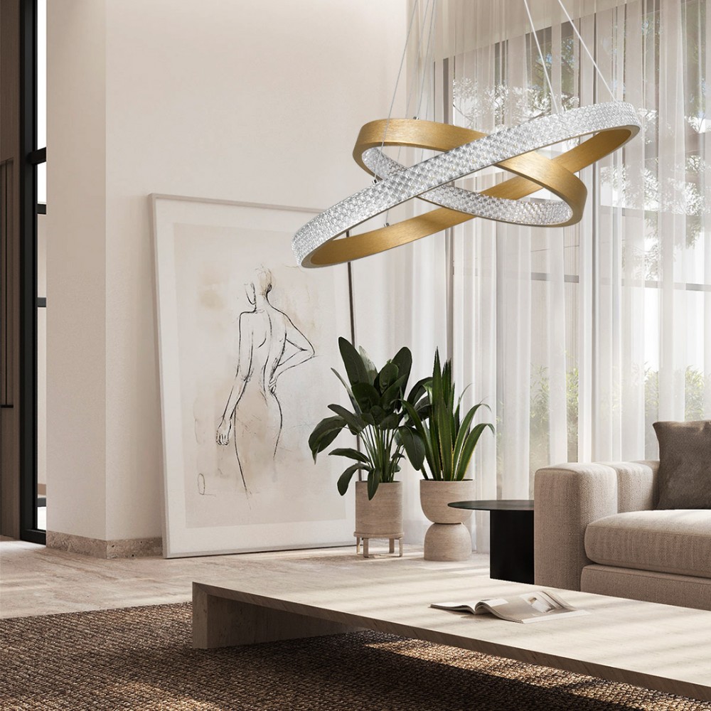 GloboStar® DIAMOND DUO 61151 Κρεμαστό Φωτιστικό Δαχτυλίδι-Κύκλος LED CCT 75W 8743lm 360° AC 220-240V - Εναλλαγή Φωτισμού μέσω Τηλεχειριστηρίου All In One Ψυχρό 6000k+Φυσικό 4500k+Θερμό 2700k Dimmable Φ40+60cm - Χρυσό Βούρτσας - 3 Years Warranty
