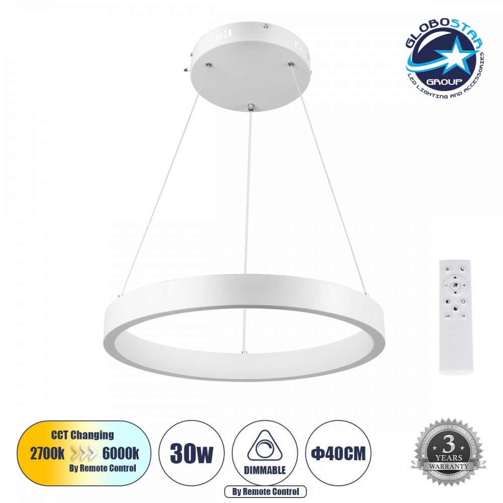 GLOBOSTAR® NEMESIS 61156 Μοντέρνο Κρεμαστό Φωτιστικό Οροφής LED 30W 3513lm 360° AC 220-240V IP20 Ρυθμιζόμενο Λευκό CCT με Χειριστήριο από 2700K έως 6000K Dimmable - Lumileds SMD Chip - Λευκό Ματ - Μ40 x Π40 x Υ4cm - 3 Χρόνια Εγγύηση