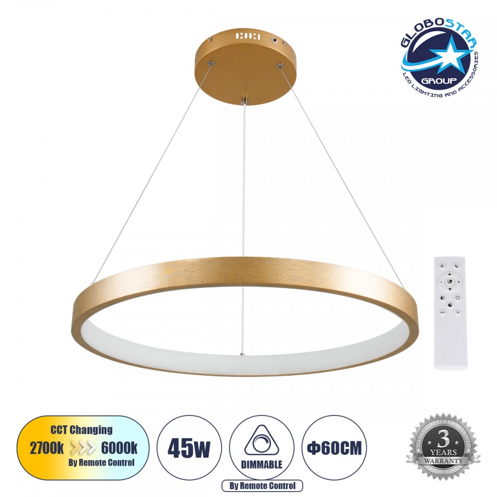 GLOBOSTAR® NEMESIS 61160 Μοντέρνο Κρεμαστό Φωτιστικό Οροφής LED 45W 5230lm 360° AC 220-240V IP20 Ρυθμιζόμενο Λευκό CCT με Χειριστήριο από 2700K έως 6000K Dimmable - Lumileds SMD Chip - Χρυσό Βούρτσας - Μ60 x Π60 x Υ4cm - 3 Χρόνια Εγγύηση