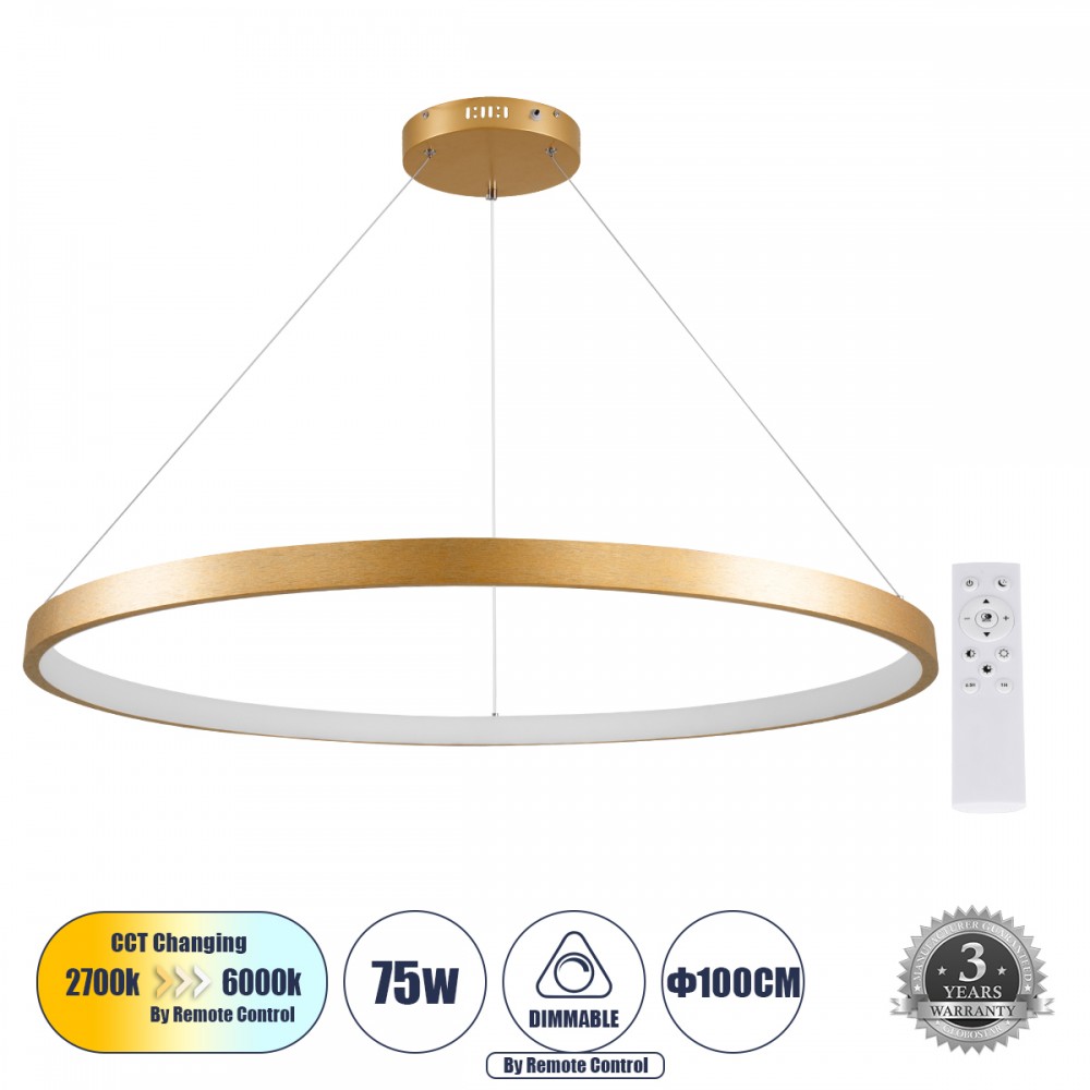 GLOBOSTAR® NEMESIS 61166 Μοντέρνο Κρεμαστό Φωτιστικό Οροφής LED 75W 8743lm 360° AC 220-240V IP20 Ρυθμιζόμενο Λευκό CCT με Χειριστήριο από 2700K έως 6000K Dimmable - Lumileds SMD Chip - Χρυσό Βούρτσας - Μ100 x Π100 x Υ4cm - 3 Χρόνια Εγγύηση