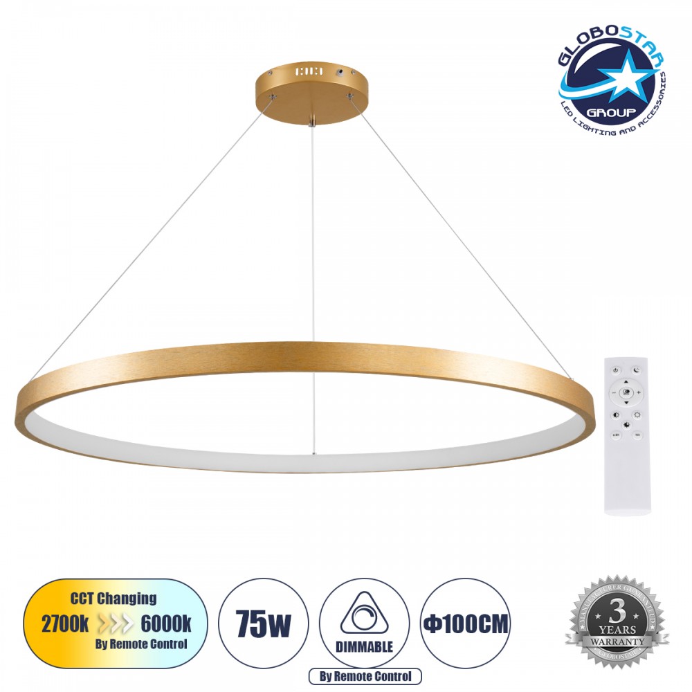 GLOBOSTAR® NEMESIS 61166 Μοντέρνο Κρεμαστό Φωτιστικό Οροφής LED 75W 8743lm 360° AC 220-240V IP20 Ρυθμιζόμενο Λευκό CCT με Χειριστήριο από 2700K έως 6000K Dimmable - Lumileds SMD Chip - Χρυσό Βούρτσας - Μ100 x Π100 x Υ4cm - 3 Χρόνια Εγγύηση