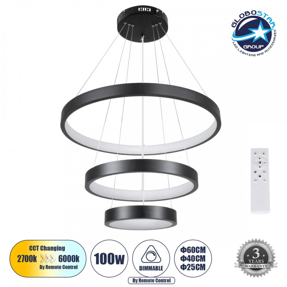 GLOBOSTAR® NEMESIS TRIO 61167 Μοντέρνο Κρεμαστό Φωτιστικό Οροφής LED 100W 12123lm 360° AC 220-240V IP20 Ρυθμιζόμενο Λευκό CCT με Χειριστήριο από 2700K έως 6000K Dimmable - Lumileds SMD Chip - Μαύρο Ματ - Μ60 x Π60 x Υ60cm - 3 Χρόνια Εγγύηση