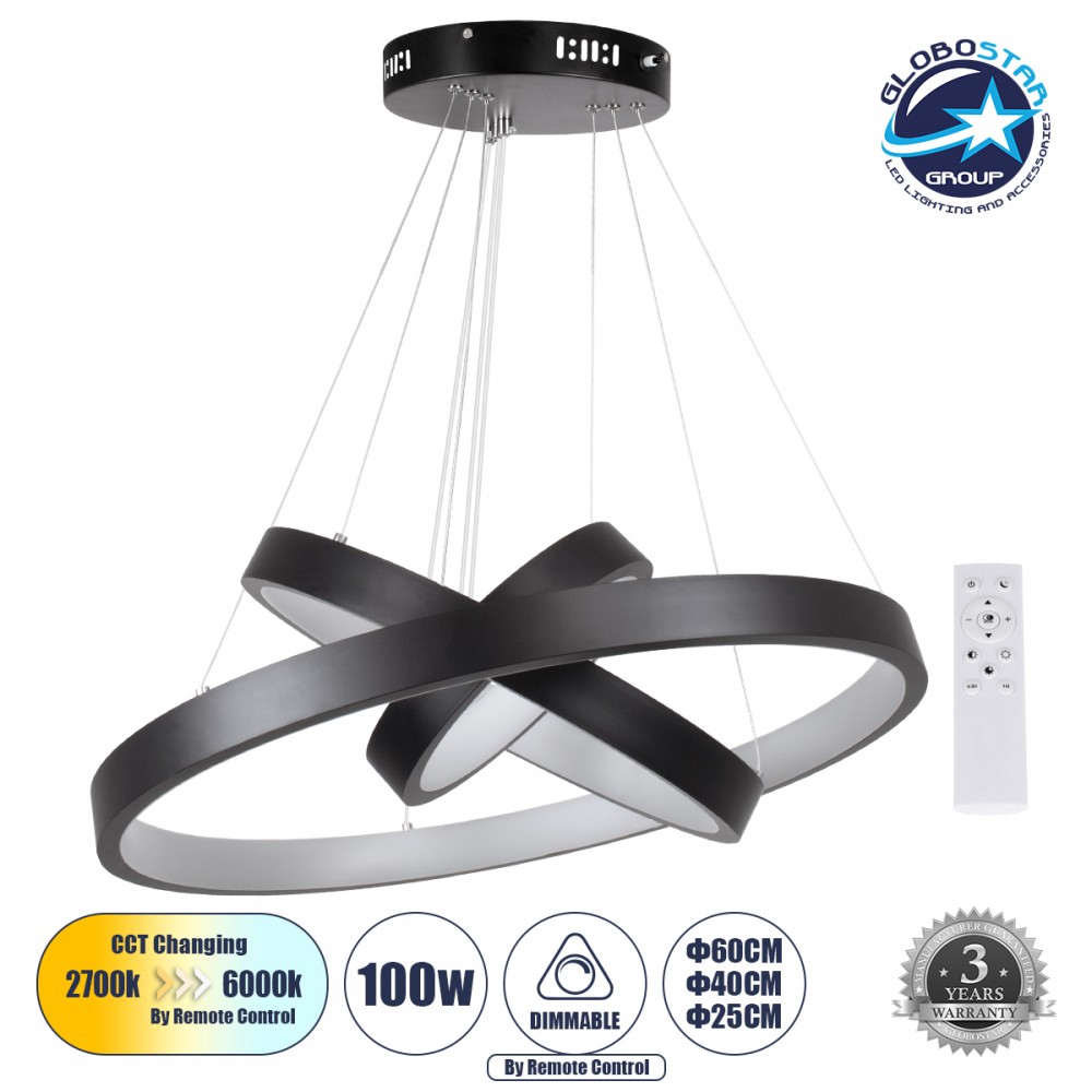 GLOBOSTAR® NEMESIS TRIO 61167-DECO Μοντέρνο Κρεμαστό Φωτιστικό Οροφής LED 100W 12123lm 360° AC 220-240V IP20 Ρυθμιζόμενο Λευκό CCT με Χειριστήριο από 2700K έως 6000K Dimmable - Lumileds SMD Chip - Μαύρο Ματ - Μ60 x Π60 x Υ60cm - 3 Χρόνια Εγγύηση
