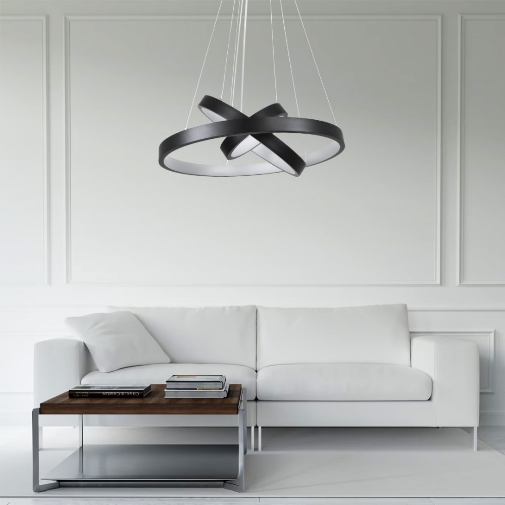 GloboStar® NEMESIS TRIO 61167-DECO Κρεμαστό Φωτιστικό Δαχτυλίδι-Κύκλος LED CCT 100W 12123lm 360° AC 220-240V - Εναλλαγή Φωτισμού μέσω Τηλεχειριστηρίου All In One Ψυχρό 6000k+Φυσικό 4500k+Θερμό 2700k Dimmable Φ25+40+60cm - Μαύρο - 3 Years Warranty
