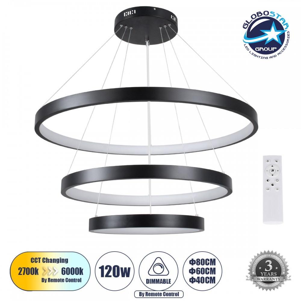GLOBOSTAR® NEMESIS TRIO 61170 Μοντέρνο Κρεμαστό Φωτιστικό Οροφής LED 120W 14723lm 360° AC 220-240V IP20 Ρυθμιζόμενο Λευκό CCT με Χειριστήριο από 2700K έως 6000K Dimmable - Lumileds SMD Chip - Μαύρο Ματ - Μ80 x Π80 x Υ60cm - 3 Χρόνια Εγγύηση
