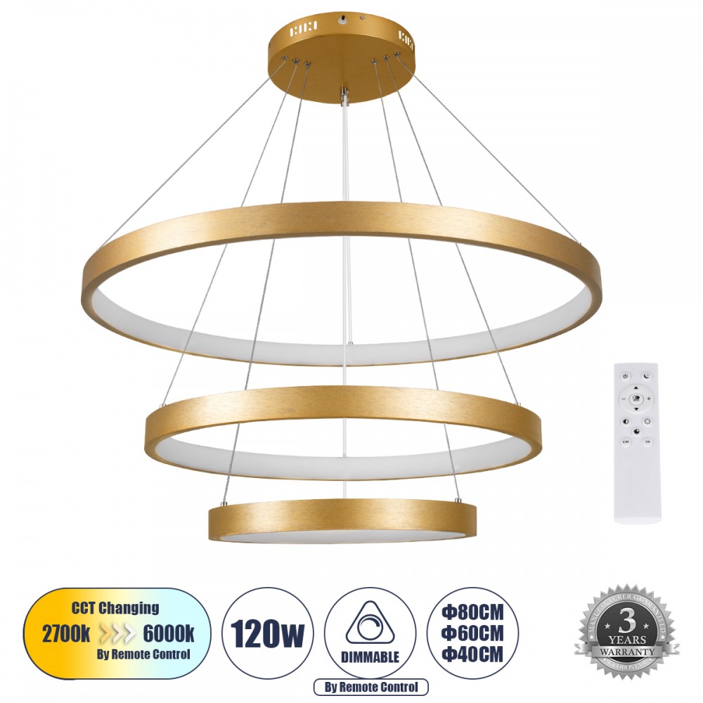 GLOBOSTAR® NEMESIS TRIO 61172 Μοντέρνο Κρεμαστό Φωτιστικό Οροφής LED 120W 14723lm 360° AC 220-240V IP20 Ρυθμιζόμενο Λευκό CCT με Χειριστήριο από 2700K έως 6000K Dimmable - Lumileds SMD Chip - Χρυσό Βούρτσας - Μ80 x Π80 x Υ60cm - 3 Χρόνια Εγγύηση