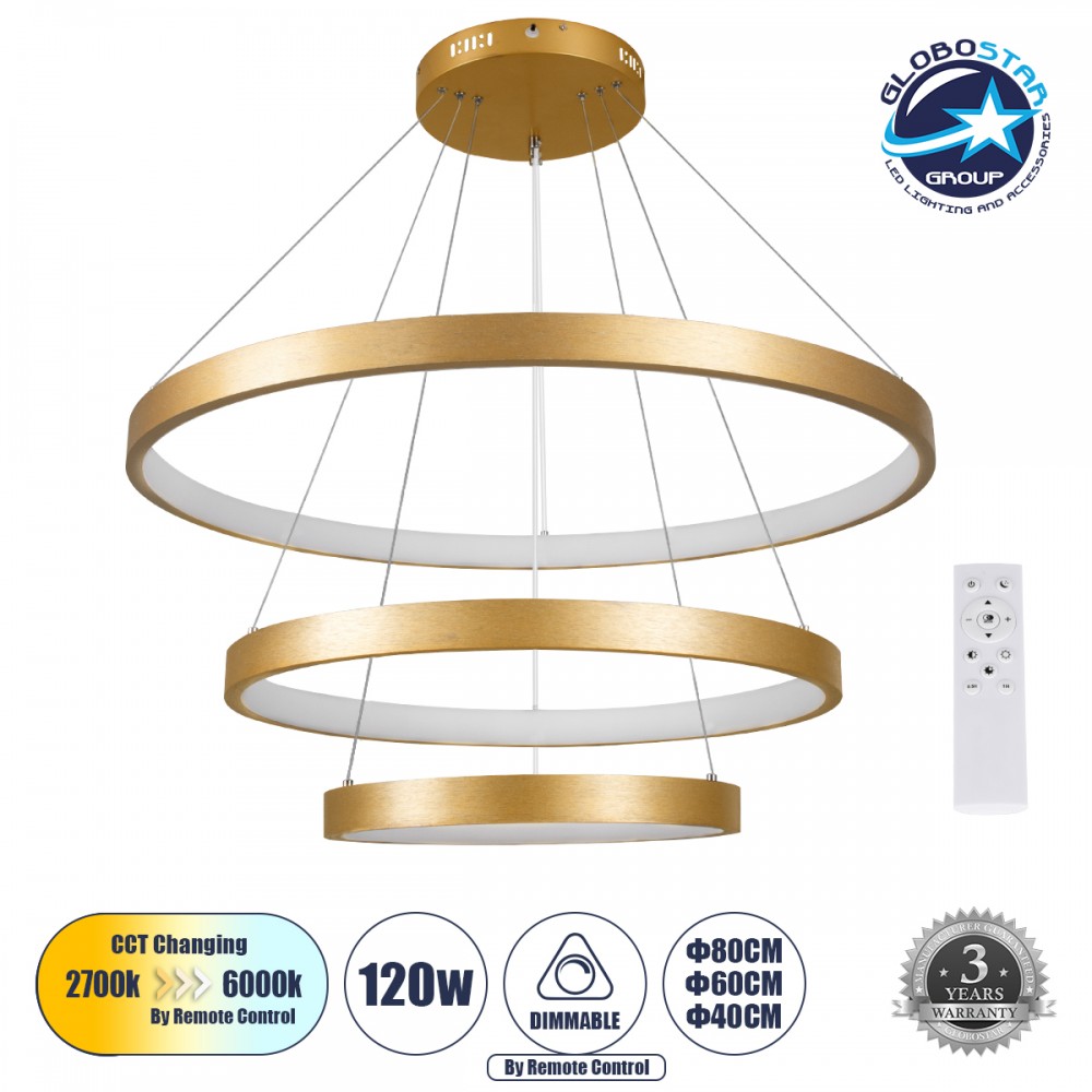 GLOBOSTAR® NEMESIS TRIO 61172 Μοντέρνο Κρεμαστό Φωτιστικό Οροφής LED 120W 14723lm 360° AC 220-240V IP20 Ρυθμιζόμενο Λευκό CCT με Χειριστήριο από 2700K έως 6000K Dimmable - Lumileds SMD Chip - Χρυσό Βούρτσας - Μ80 x Π80 x Υ60cm - 3 Χρόνια Εγγύηση