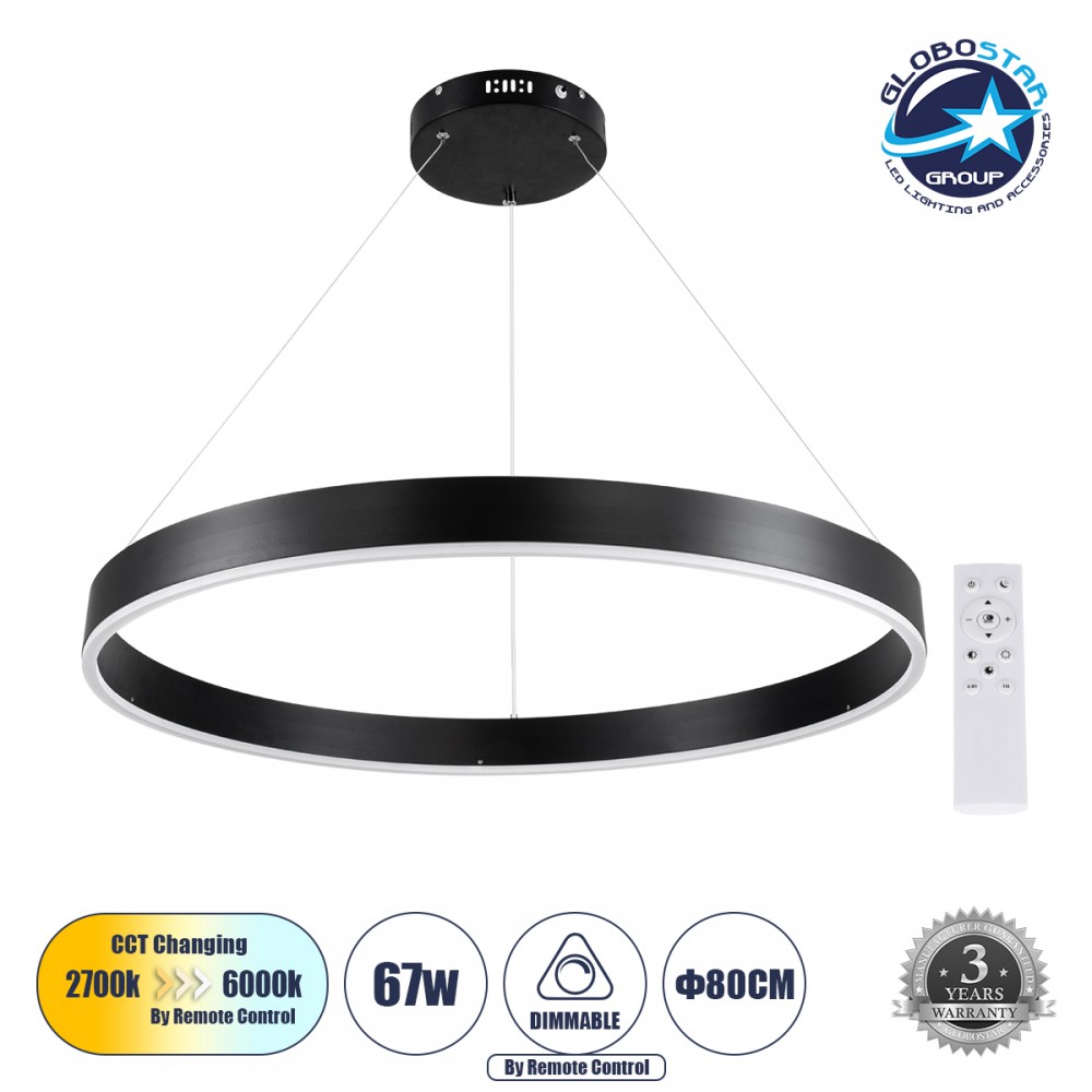 GLOBOSTAR® VENOM 61179 Μοντέρνο Κρεμαστό Φωτιστικό Οροφής LED 67W 7863lm 120° AC 220-240V IP20 Ρυθμιζόμενο Λευκό CCT με Χειριστήριο από 2700K έως 6000K Dimmable - Lumileds SMD Chip - Μαύρο Ματ - Μ80 x Π80 x Υ6.5cm - 3 Χρόνια Εγγύηση