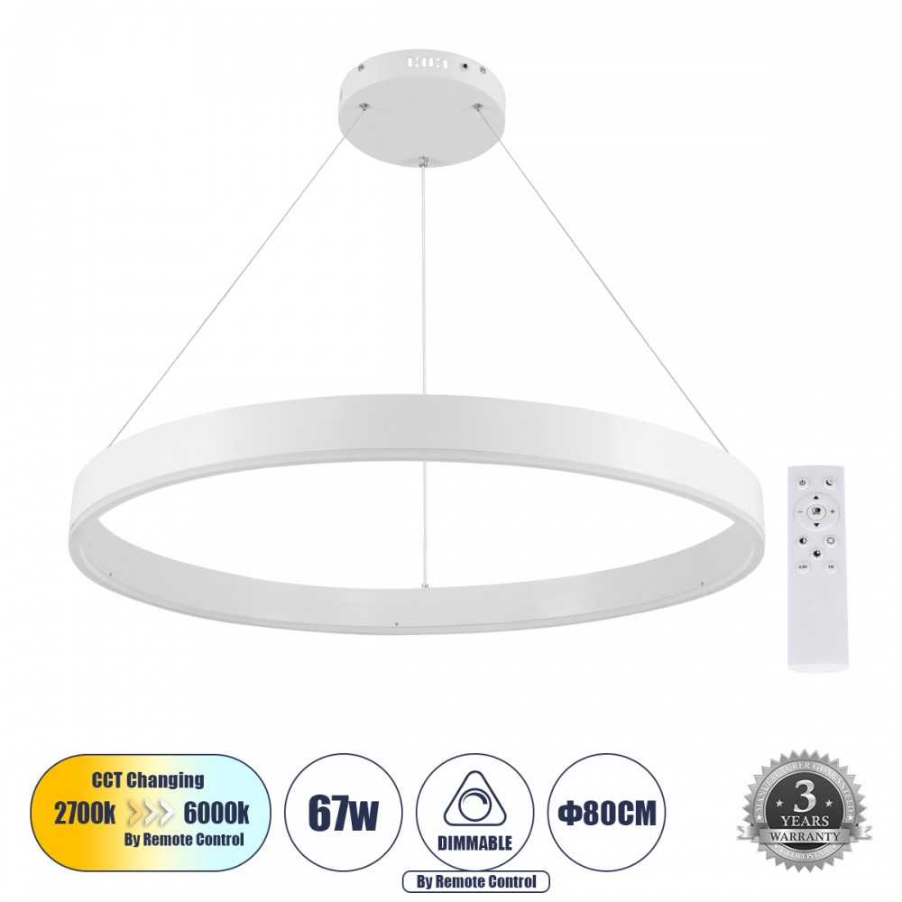 GLOBOSTAR® VENOM 61180 Μοντέρνο Κρεμαστό Φωτιστικό Οροφής LED 67W 7863lm 120° AC 220-240V IP20 Ρυθμιζόμενο Λευκό CCT με Χειριστήριο από 2700K έως 6000K Dimmable - Lumileds SMD Chip - Λευκό Ματ - Μ80 x Π80 x Υ6.5cm - 3 Χρόνια Εγγύηση