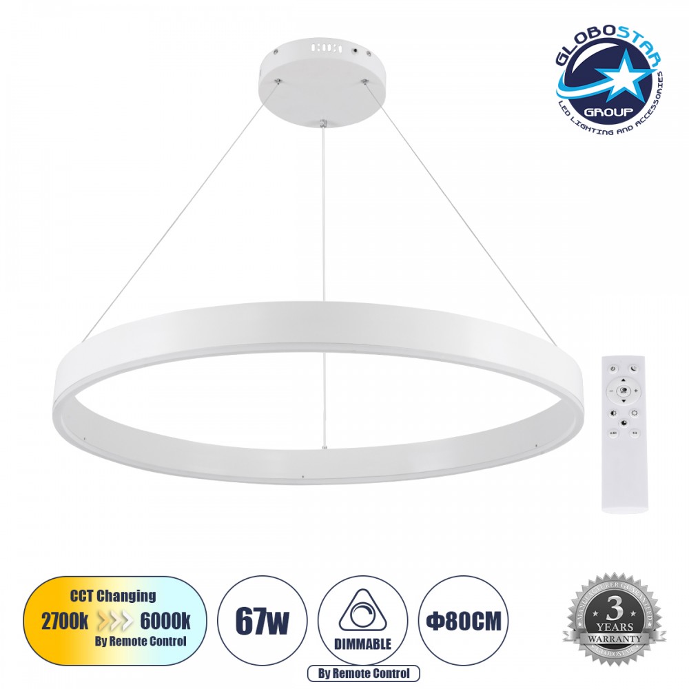 GLOBOSTAR® VENOM 61180 Μοντέρνο Κρεμαστό Φωτιστικό Οροφής LED 67W 7863lm 120° AC 220-240V IP20 Ρυθμιζόμενο Λευκό CCT με Χειριστήριο από 2700K έως 6000K Dimmable - Lumileds SMD Chip - Λευκό Ματ - Μ80 x Π80 x Υ6.5cm - 3 Χρόνια Εγγύηση