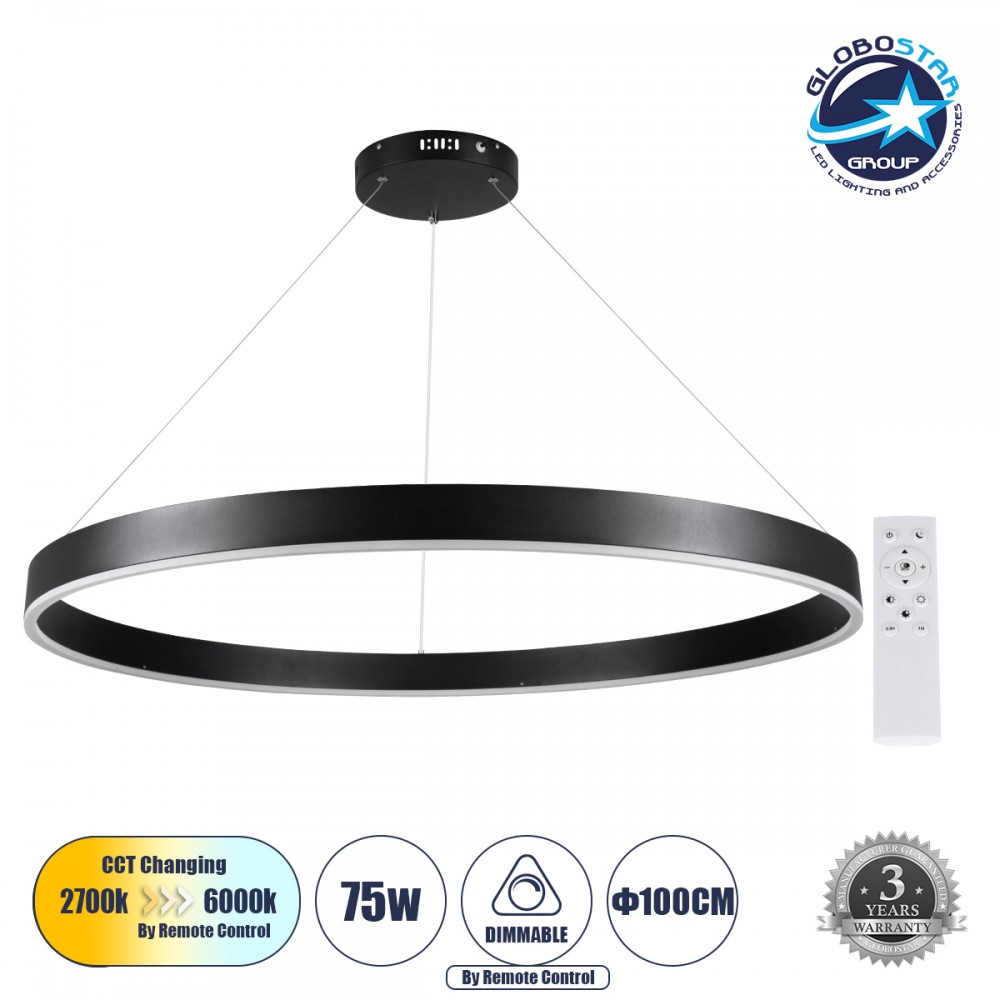 GLOBOSTAR® VENOM 61182 Μοντέρνο Κρεμαστό Φωτιστικό Οροφής LED 75W 8818lm 120° AC 220-240V IP20 Ρυθμιζόμενο Λευκό CCT με Χειριστήριο από 2700K έως 6000K Dimmable - Lumileds SMD Chip - Μαύρο Ματ - Μ100 x Π100 x Υ6.5cm - 3 Χρόνια Εγγύηση