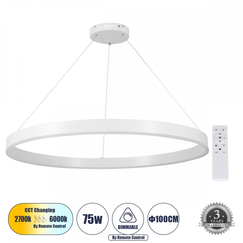 GLOBOSTAR® VENOM 61183 Μοντέρνο Κρεμαστό Φωτιστικό Οροφής LED 75W 8818lm 120° AC 220-240V IP20 Ρυθμιζόμενο Λευκό CCT με Χειριστήριο από 2700K έως 6000K Dimmable - Lumileds SMD Chip - Λευκό Ματ - Μ100 x Π100 x Υ6.5cm - 3 Χρόνια Εγγύηση