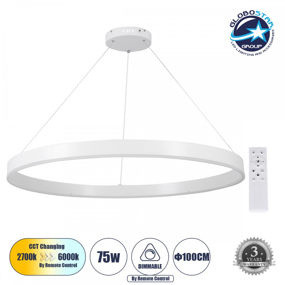 GLOBOSTAR® VENOM 61183 Μοντέρνο Κρεμαστό Φωτιστικό Οροφής LED 75W 8818lm 120° AC 220-240V IP20 Ρυθμιζόμενο Λευκό CCT με Χειριστήριο από 2700K έως 6000K Dimmable - Lumileds SMD Chip - Λευκό Ματ - Μ100 x Π100 x Υ6.5cm - 3 Χρόνια Εγγύηση