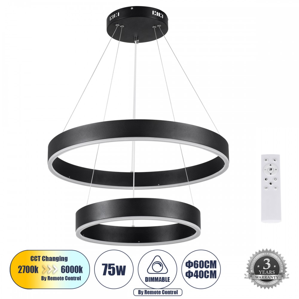 kelvo® VENOM 61185 Μοντέρνο Κρεμαστό Φωτιστικό Οροφής LED 75W 8818lm 120° AC 220-240V IP20 Ρυθμιζόμενο Λευκό CCT με Χειριστήριο από 2700K έως 6000K Dimmable - Lumileds SMD Chip - Μαύρο Ματ - Μ60 x Π60 x Υ40cm - 3 Χρόνια Εγγύηση