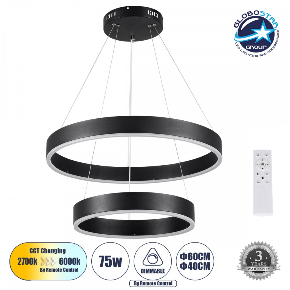 kelvo® VENOM 61185 Μοντέρνο Κρεμαστό Φωτιστικό Οροφής LED 75W 8818lm 120° AC 220-240V IP20 Ρυθμιζόμενο Λευκό CCT με Χειριστήριο από 2700K έως 6000K Dimmable - Lumileds SMD Chip - Μαύρο Ματ - Μ60 x Π60 x Υ40cm - 3 Χρόνια Εγγύηση