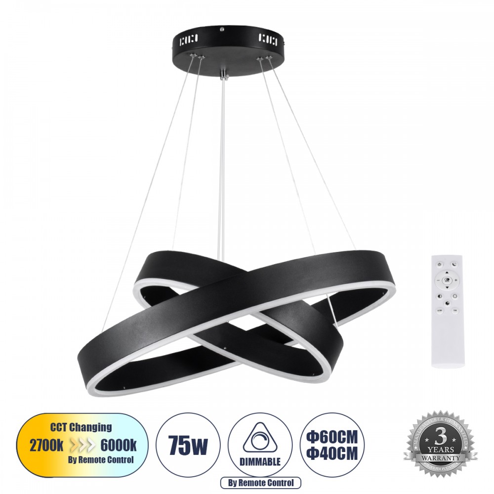 kelvo® VENOM 61185-DECO Μοντέρνο Κρεμαστό Φωτιστικό Οροφής LED 75W 8818lm 120° AC 220-240V IP20 Ρυθμιζόμενο Λευκό CCT με Χειριστήριο από 2700K έως 6000K Dimmable - Lumileds SMD Chip - Μαύρο Ματ - Μ60 x Π60 x Υ40cm - 3 Χρόνια Εγγύηση