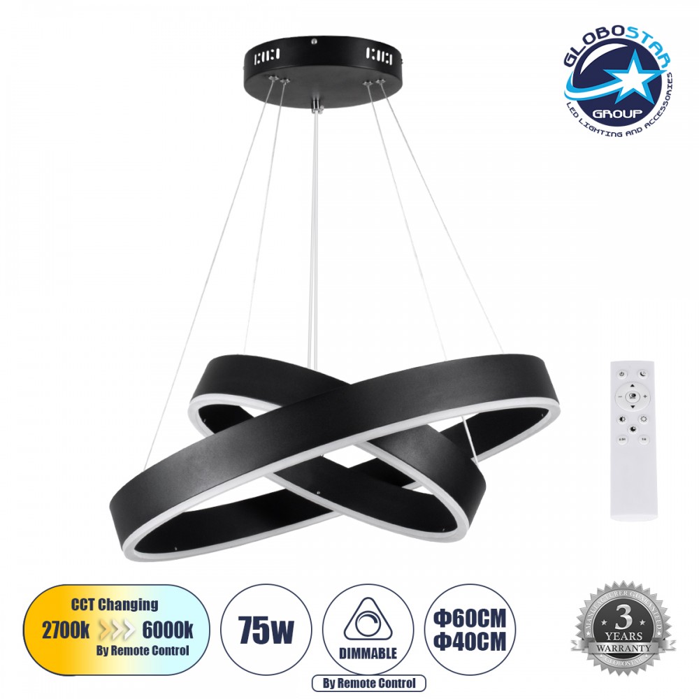 kelvo® VENOM 61185-DECO Μοντέρνο Κρεμαστό Φωτιστικό Οροφής LED 75W 8818lm 120° AC 220-240V IP20 Ρυθμιζόμενο Λευκό CCT με Χειριστήριο από 2700K έως 6000K Dimmable - Lumileds SMD Chip - Μαύρο Ματ - Μ60 x Π60 x Υ40cm - 3 Χρόνια Εγγύηση