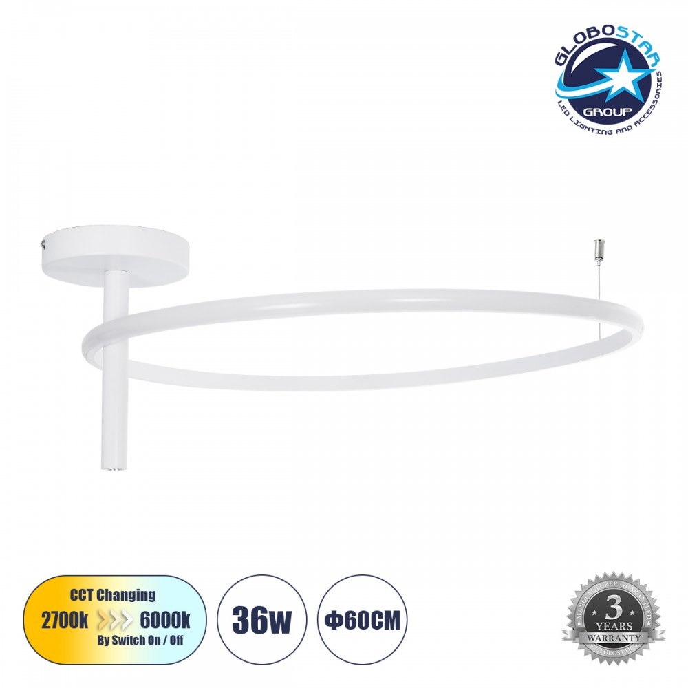 GloboStar® VERONA 61224 Φωτιστικό Οροφής Δαχτυλίδι-Κύκλος LED CCT 36W 4032lm 360° AC 220-240V - Εναλλαγή Φωτισμού μέσω Διακόπτη On/Off All In One Ψυχρό 6000k+Φυσικό 4500k+Θερμό 2700K Φ60 x Υ23cm - Λευκό - 3 Χρόνια Εγγύηση