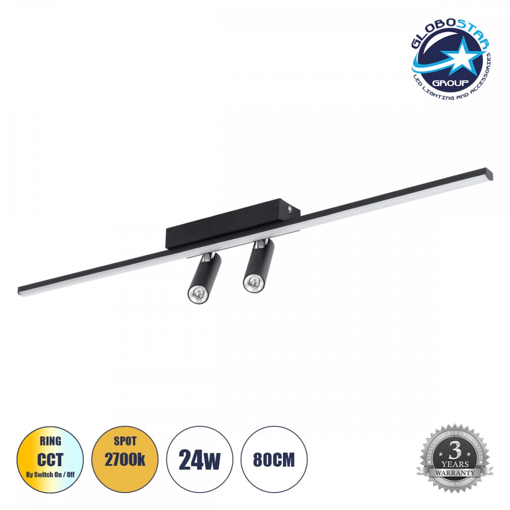 GLOBOSTAR® BARETTI 61226 Φωτιστικό Οροφής Linear Design LED CCT με Κινούμενα Σποτ LED Downlight 24W 2688lm 160° & 45° AC 220-240V IP20  - Εναλλαγή Φωτισμού μέσω Διακόπτη On/Off All In One Ψυχρό 6000k+Φυσικό 4500k+Θερμό 2700k - Μ80 x Π5.5 x Υ5 cm - Μαύ