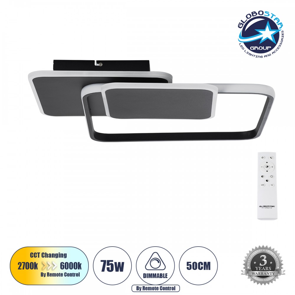 GLOBOSTAR® SQUARO 61231 Μοντέρνο Φωτιστικό Οροφής LED 75W 8400lm 360° AC 220-240V IP20 Ρυθμιζόμενο Λευκό CCT με Χειριστήριο από 2700K έως 6000K Dimmable - Lumileds SMD Chip - Μαύρο Ματ - Μ48.5 x Π51 x Υ9cm - 3 Χρόνια Εγγύηση