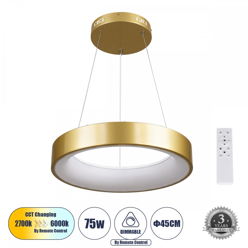 GLOBOSTAR® SALEM 61243 Μοντέρνο Κρεμαστό Φωτιστικό Οροφής LED 75W 8625lm 120° AC 220-240V IP20 Ρυθμιζόμενο Λευκό CCT με Χειριστήριο από 2700K έως 6000K Dimmable - Lumileds SMD Chip - Χρυσό - Μ45 x Π45 x Υ7cm - 3 Χρόνια Εγγύηση